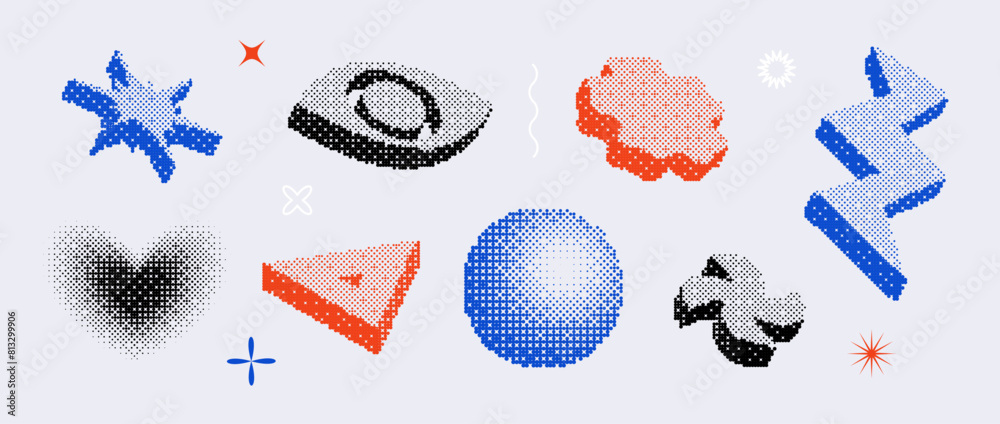 Poster Bitmap shape set. Dither halftone geometric object collection. Pixelated eye, flower, heart, sphere, zigzag, star elements for banner, poster, leaflet. Pixel 3d raster effect bundle. Vector pack