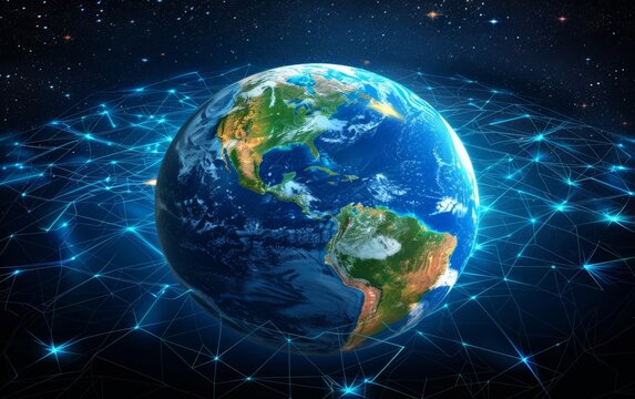 Blue planet Earth with glowing network.