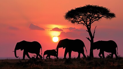 Obraz premium elephants at sunset , Elephants sunset safari 
