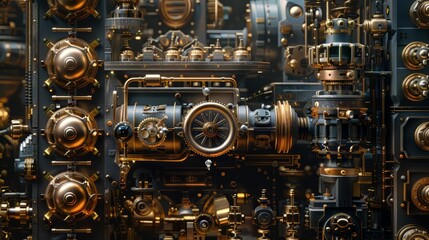 The image is aampunk style mechanical device with a variety of gears, pipes, and other mechanical elements.