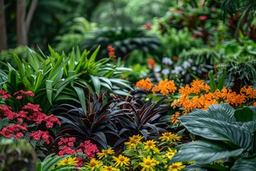 The lush tropical garden with a variety of plants and flowers