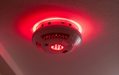 Round white plastic smoke detector with red flashing light on the ceiling