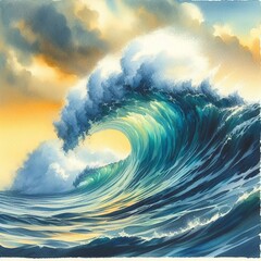  The painting is a beautiful depiction of a large wave crashing on a rocky shore.