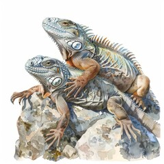 Fototapeta premium Watercolor painting of a pair of desert iguanas sunbathing on a rocky ledge, on isolated white background, Generative AI
