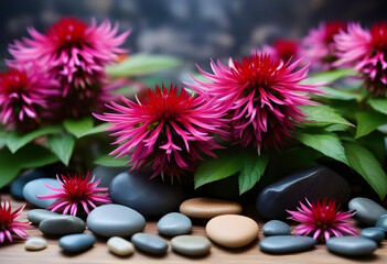 A close-up shot of vibrant monarda flowers and stones arranged on a podium