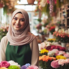  A young woman wearing a head scarf smiles while working in a flower shop.