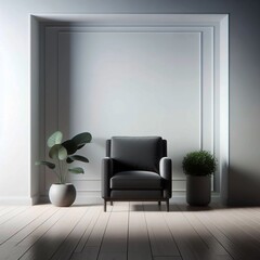  The minimal room has a chair and two plants in front of a white wall.