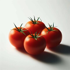  Four ripe tomatoes sit on a white table.