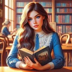 An illustration of a beautiful girl reading a book in a library with wooden shelves and a large window.