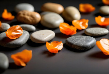 A podium made of stones with an orange physalis on top, against a dark background