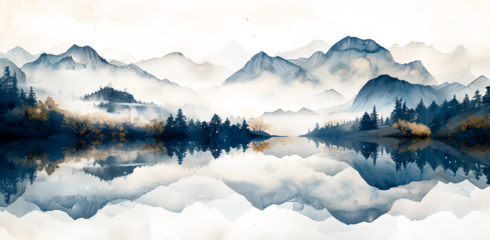 It feels like a wonderful landscape painting drawn in a completely simple way with ink, high quality, artistic on white and transparent background
