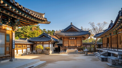Obraz premium Korean Buddhist temple, high-resolution photo-style, warmth of sunlight mingling with the rich wooden structures