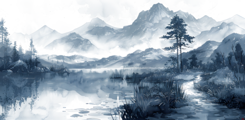 It feels like a wonderful landscape painting drawn in a completely simple way with ink, high quality, artistic on white and transparent background