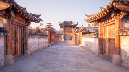 Naklejka premium Clear day scene of a Korean cultural heritage site, traditional wooden gates and walls, warm and inviting lighting