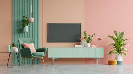 A Pastel TV Room with a Sleek Green Armchair and Contemporary Decor