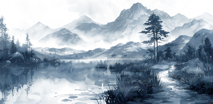It feels like a wonderful landscape painting drawn in a completely simple way with ink, high quality, artistic on white and transparent background