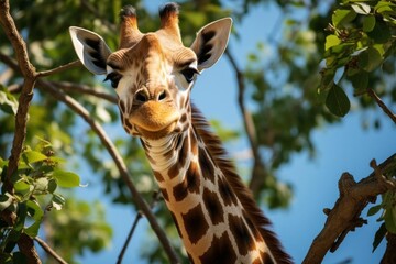 Obraz premium Elegant giraffe reaching up to eat leaves from a tall tree, with a clear sky background, showcasing its long neck and graceful form Ideal for educational and wildlifethemed content