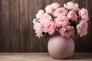 Elegant bouquet of peonies in soft pastel shades, arranged in a vintage vase with a rustic wooden background Ideal for wedding and romanticthemed visuals