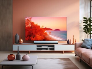 Smart LED TV mounted on a minimalist living room wall, displaying vibrant colors and a sleek design, emphasizing its cuttingedge technology Great for home entertainment advertising
