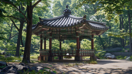 Fototapeta premium a traditional Korean gazebo in a forest setting, clear sunny day