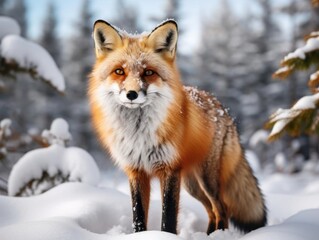 Obraz premium Closeup of a red fox standing alert in a snowy forest
