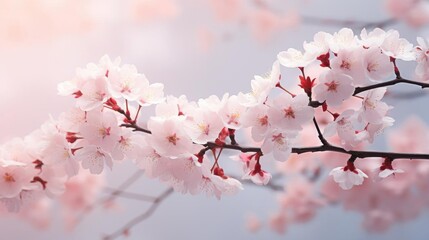 Delicate cherry blossoms in full bloom on a branch, with a soft pastel background, evoking a sense of springtime and renewal Perfect for seasonal and naturethemed content