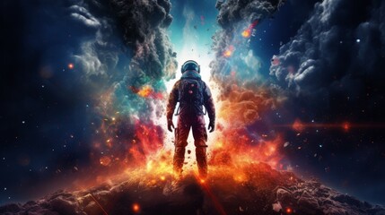 Space explorer overlaid with a swirling galaxy, depicting the boundless curiosity and ambition of human space exploration