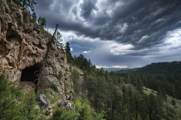 A forbidding cave entrance hidden deep within a dense forest, with dark storm clouds gathering ominously above the rugged terrain, Generative AI