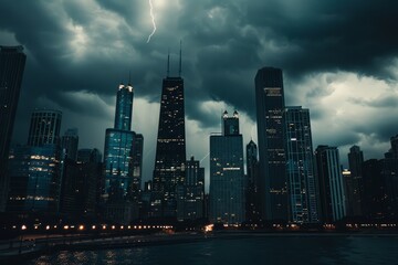 A gloomy city skyline with skyscrapers disappearing into the darkness of storm clouds overhead, illuminated only by occasional flashes of lightning, Generative AI