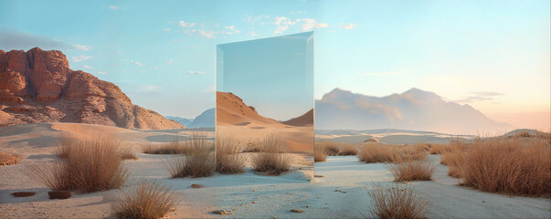 mirror plane in the middle of Sahara Arabia sunny desert like a dream illusion portal or tourism travel mockup as wide commercial banner design with copy space