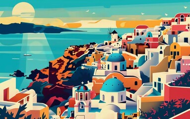 
Illustration of Santorini island Vector flat color Background. Travel to Santorini Greece europe poster template, banner wall art print decor very beautiful