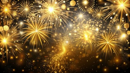 Naklejka premium Elegant gold and black background with fireworks and light sparkles.