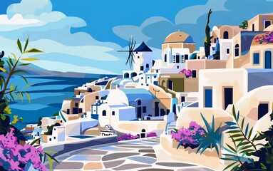 
Illustration of Santorini island Vector flat color Background. Travel to Santorini Greece europe poster template, banner wall art print decor very beautiful