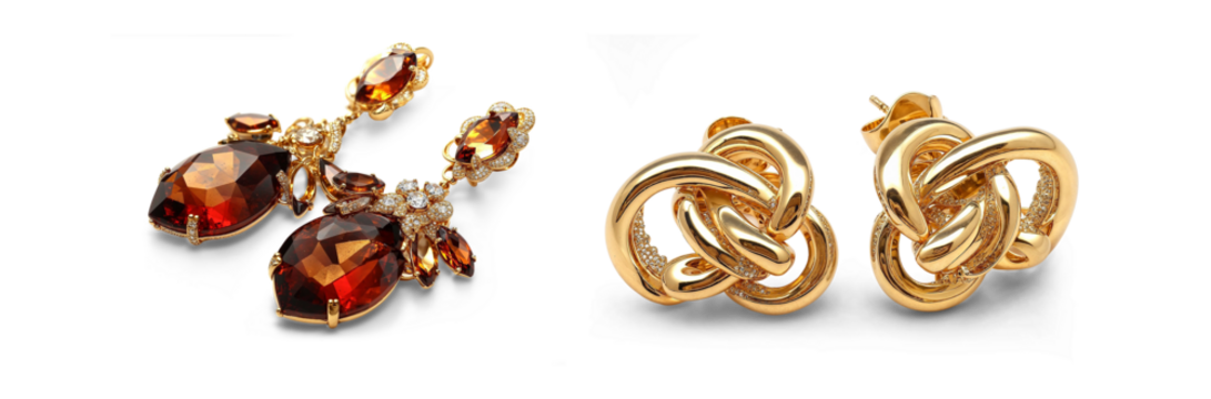 cutout set of wedding engagement diamond and gold earring display, proposal jewelry romantic love present, isolated on transparent png background