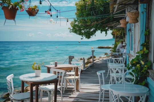 A charming seaside cafe with tables overlooking the ocean
