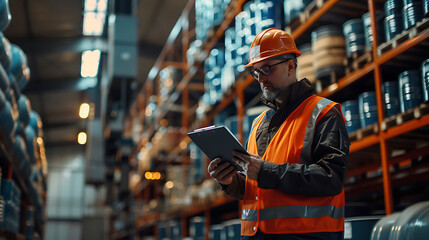 Security officers hold clipboards and inspect the storage of dangerous goods in the warehouse for operator safety such as explosions, radioactive, toxic gases, etc