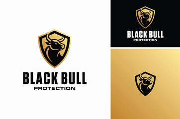 Black Bull Buffalo Head with Horns and Golden Shield for Security or Protection Guard logo design
