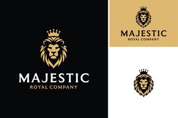 Golden Majestic Lion Face Head Silhouette with King Crown for Royal Luxury Brand logo design