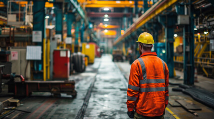 A male worker in safety attire overseeing operations on the expansive floor of an industrial factory.