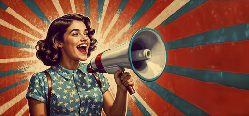 Vintage pin-up style illustration of smiling woman shouting into megaphone.