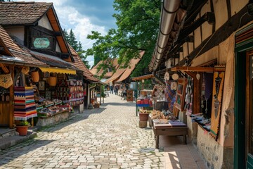 A quaint village marketplace with stalls selling handmade crafts and goods