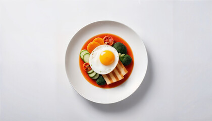 Colorful vegetable soup with fried egg served in white bowl. Three dimensional glassy look style