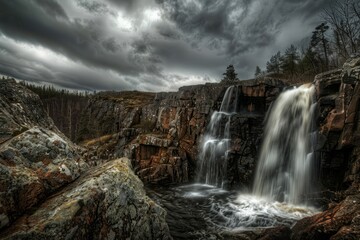 A hauntingly beautiful waterfall cascading down a rocky cliff face, surrounded by dark, brooding clouds overhead, Generative AI