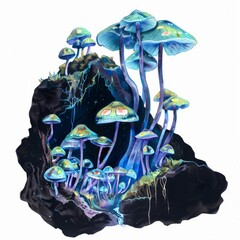 Watercolor painting of a group of bioluminescent mushrooms glowing softly in the darkness of a cave, on isolated white background, Generative AI
