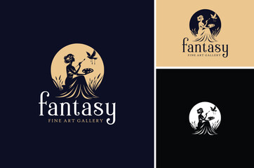 Beautiful Princess or Pretty Goddess Silhouette sitting on grass with a brush and a color palette. She painting a dove at night under the moonlight for Art Gallery logo design