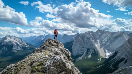 Young woman standing on top of a mountain admiring the view.