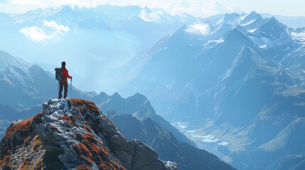 A hiker standing on a mountain peak admiring the view.