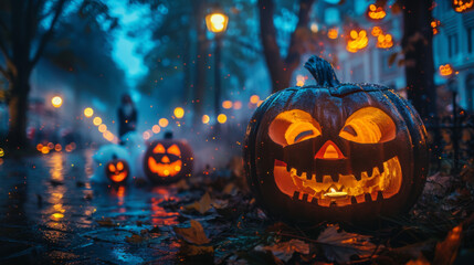 A Halloween pumpkin with a scary face lit from inside, set against a misty, lamp-lit street in the...