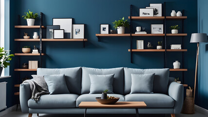 Grey sofa against blue wall with shelf. Scandinavian interior design of modern living room