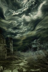 A surreal dreamscape with twisted, distorted landscapes under a sky filled with dark, swirling clouds, creating an eerie atmosphere, Generative AI